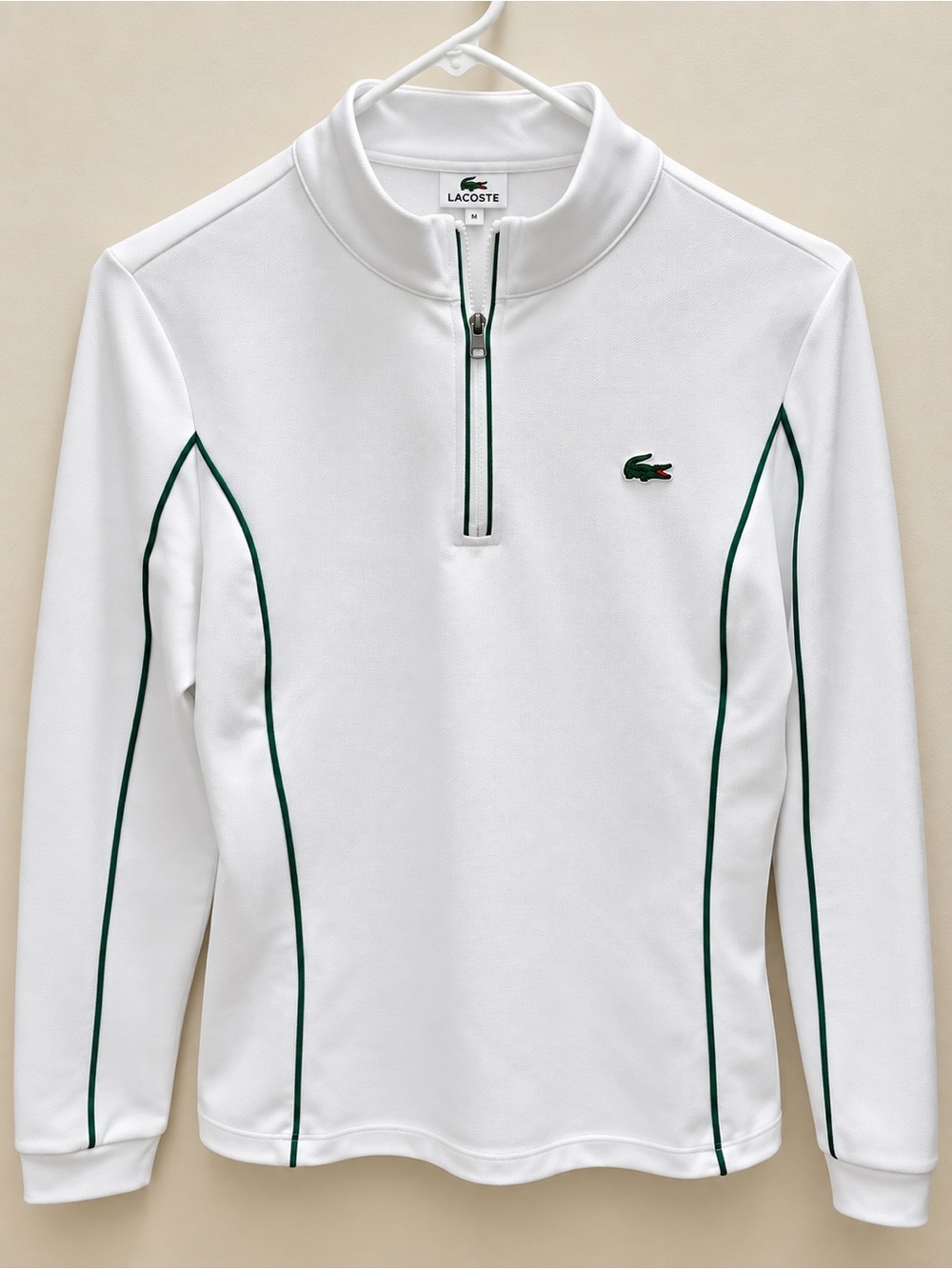 Lacoste White Long-Sleeve Quarter-Zip Swim Rash Guard with Green Piping